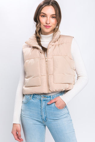 KHAKI CROPPED PUFFER VEST